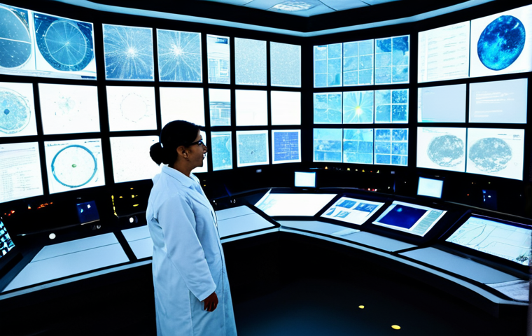 A team of professional astrophysicists, comprising diverse men and women, are fully clothed in modern, modest laboratory coats and professional business attire. They are gathered collaboratively around multiple large, interactive transparent displays in a cutting-edge space observatory control room. The screens showcase visualizations of multi-wavelength astronomical data, illustrating a distant galaxy in visible, infrared, and X-ray spectra. The scene emphasizes intellectual curiosity and discovery, with natural poses and correct proportions. The image should be professional photography, high resolution, with cinematic lighting and deep focus, well-formed hands, proper finger count. safe for work, appropriate content, fully clothed, professional, perfect anatomy.