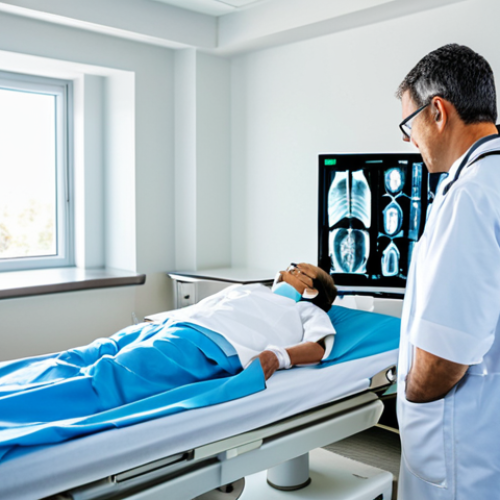 Home 15 원자핵 물리학과 방사선 응용 - Medical Marvels**
"A fully clothed doctor examining an X-ray image in a bright, modern hospital roo...