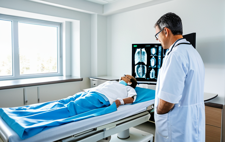 원자핵 물리학과 방사선 응용 - Medical Marvels**
"A fully clothed doctor examining an X-ray image in a bright, modern hospital roo...