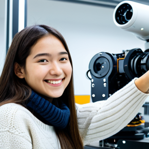 Home 14 뉴턴 역학과 라그랑지안 - **Subject:** A female engineering student in a fully clothed, modest outfit (jeans and a sweater) sm...
