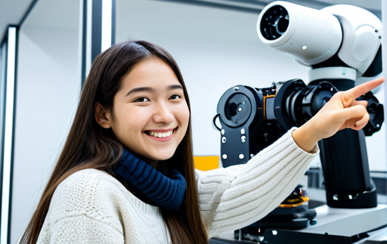 뉴턴 역학과 라그랑지안 - **Subject:** A female engineering student in a fully clothed, modest outfit (jeans and a sweater) sm...