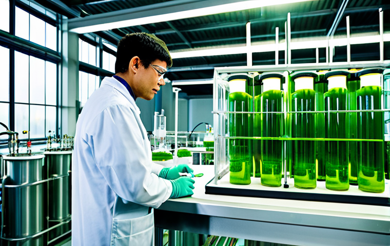 합성 생물학과 인공 세포 - Biofuel Production**
"A futuristic biofuel refinery where engineered microorganisms are producing b...