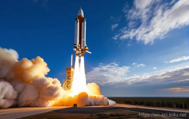 로켓 추진 원리와 연료 효율 - **A majestic rocket launch demonstrating Newton's Third Law.**
    A massive, multi-stage rocket, si...