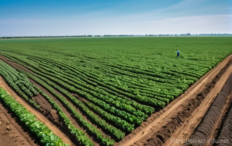 지구 관측 위성과 환경 모니터링 - **Prompt for Agriculture (Precision Farming):**
    "A wide, sun-drenched agricultural field under a...