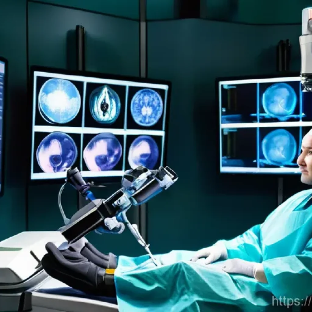로봇 수술과 정밀 의료 기술 - **Prompt:** A highly detailed and futuristic image of a surgeon, focused and calm, seated at an adva...