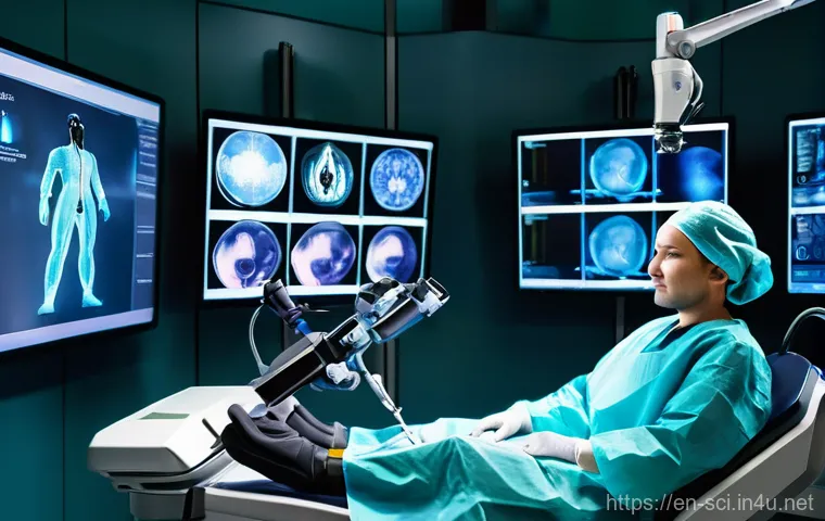 로봇 수술과 정밀 의료 기술 - **Prompt:** A highly detailed and futuristic image of a surgeon, focused and calm, seated at an adva...