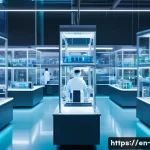 Home 21 생명공학과 유전자 편집 기술 - A futuristic medical laboratory scene showing diverse scientists in lab coats working with advanced ...