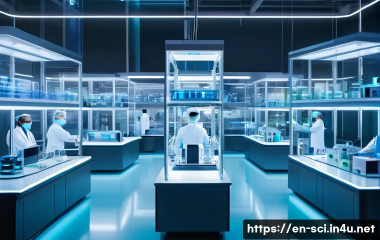 생명공학과 유전자 편집 기술 - A futuristic medical laboratory scene showing diverse scientists in lab coats working with advanced ...