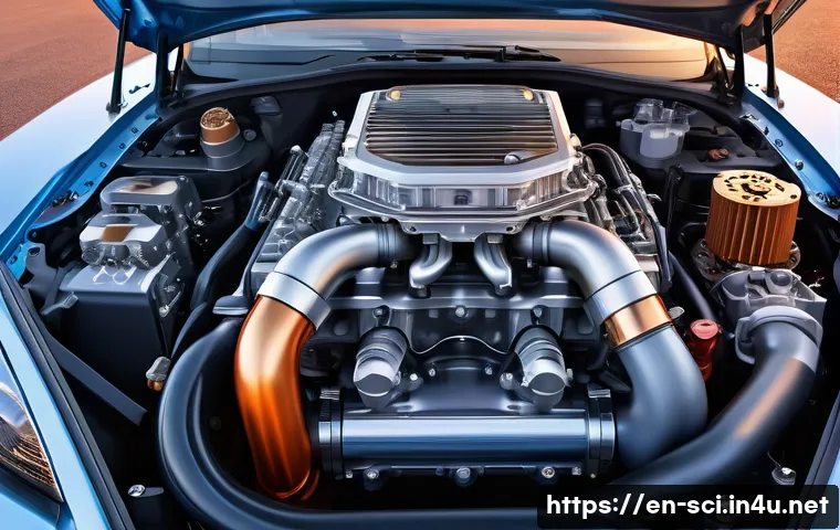 카르노 순환과 열역학 법칙 - A detailed cutaway illustration of a modern car engine operating on the Otto cycle, showing pistons,...