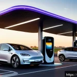 Home 23 전기차 배터리와 충전 인프라 - A futuristic electric vehicle charging station along a busy highway corridor at sunset, featuring mu...