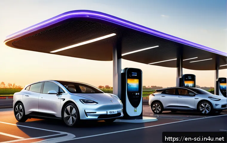 전기차 배터리와 충전 인프라 - A futuristic electric vehicle charging station along a busy highway corridor at sunset, featuring mu...