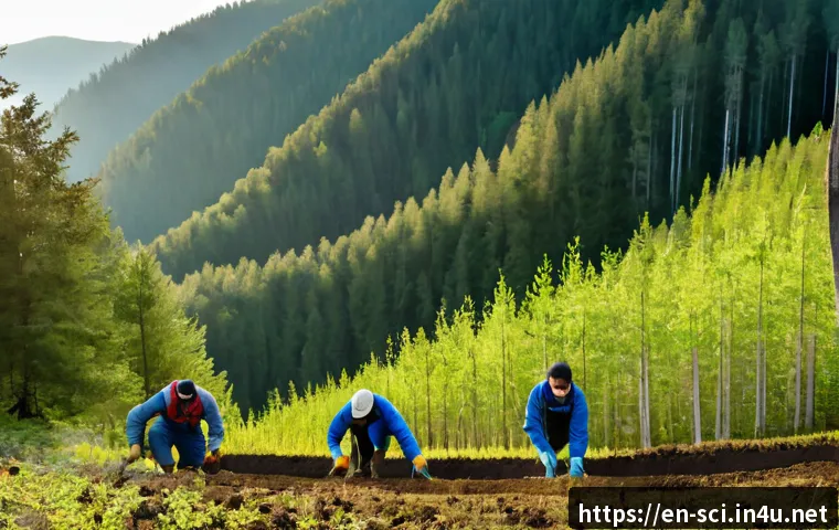 산림 복원과 탄소 중립 정책 - Photorealistic wide-angle view of a successful temperate forest restoration project in North America...