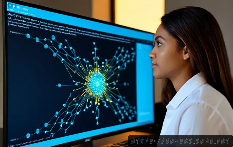신경망 모델과 학습 알고리즘 - Photorealistic modern research workspace, a diverse data scientist seated at a clean desk viewing an...